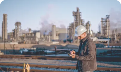 A man in a hard hat and jacket standing in front of an industrial plant