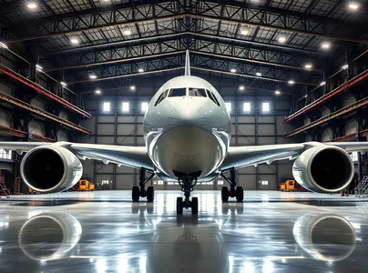 Commercial Airplane Inside A Well Lit Aircraft Hangar