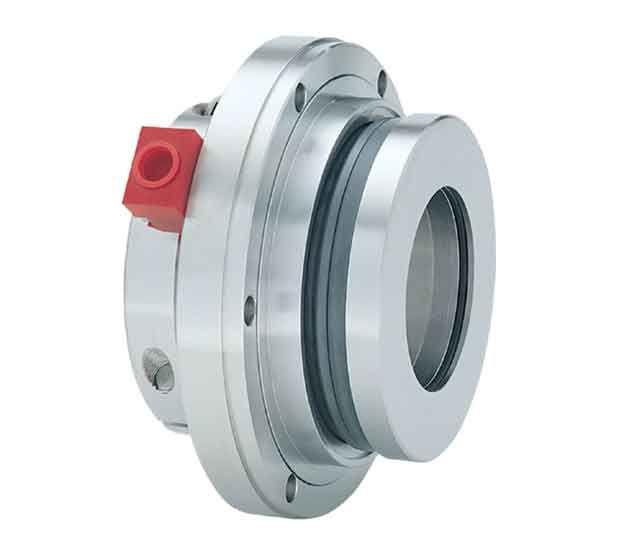 A stainless-steel ball valve with red handle