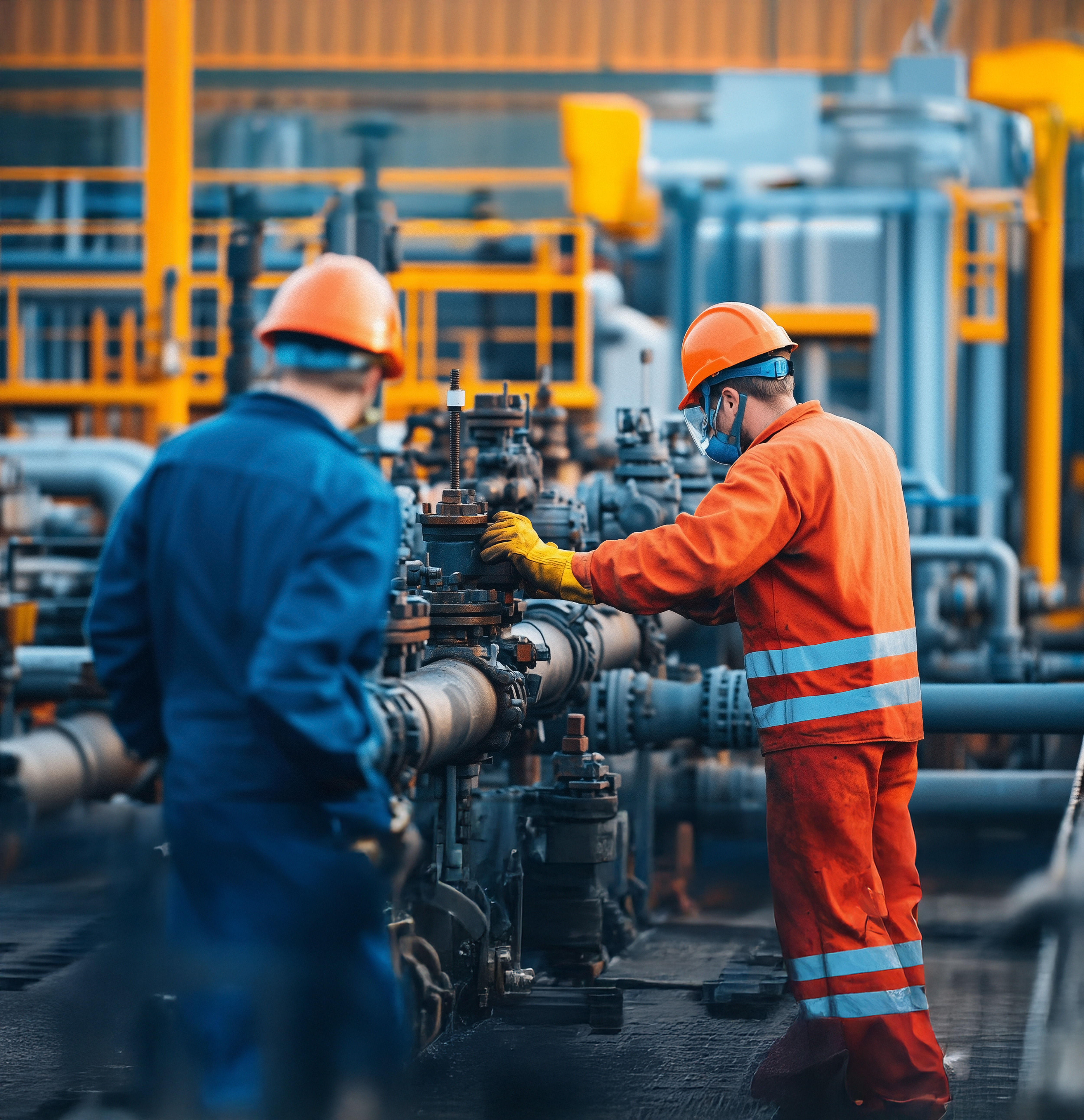 Two industrial workers in safety helmets and protective clothing operating and inspecting pipeline valves at a factory plant.