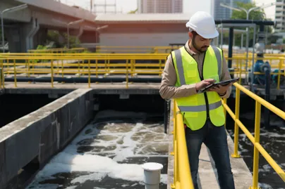 A man in a hard hat and vest standing on a bridge with a tablet