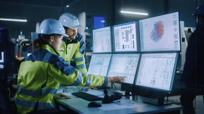 Two engineers in safety helmets and high-visibility jackets analysing data on multiple computer screens in an industrial control room.