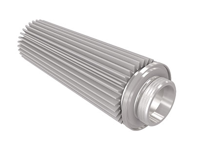 A stainless-steel air filter on a white background