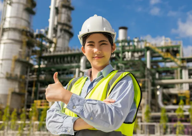 Asian female engineer in hard hat and safety vest at oil refinery