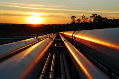 Long industrial pipelines stretching into the distance at sunset, reflecting warm orange light with trees silhouetted on the horizon.