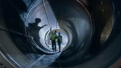 Two engineers in high-visibility clothing and hard hats inspecting the interior of a large industrial pipe, with one pointing while reviewing details.