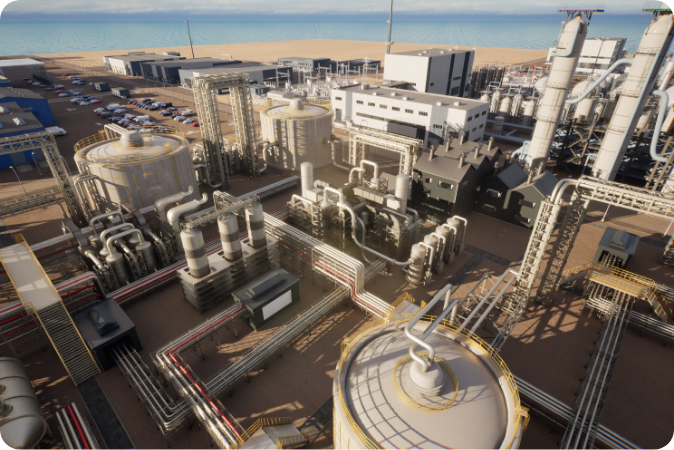 A large industrial facility from above featuring numerous interconnected pipes and equipment in operation.