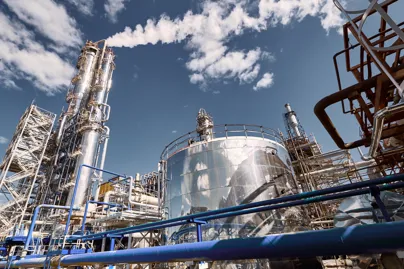 Industrial refinery with large metal storage tanks, distillation towers and interconnected pipelines under a clear blue sky.
