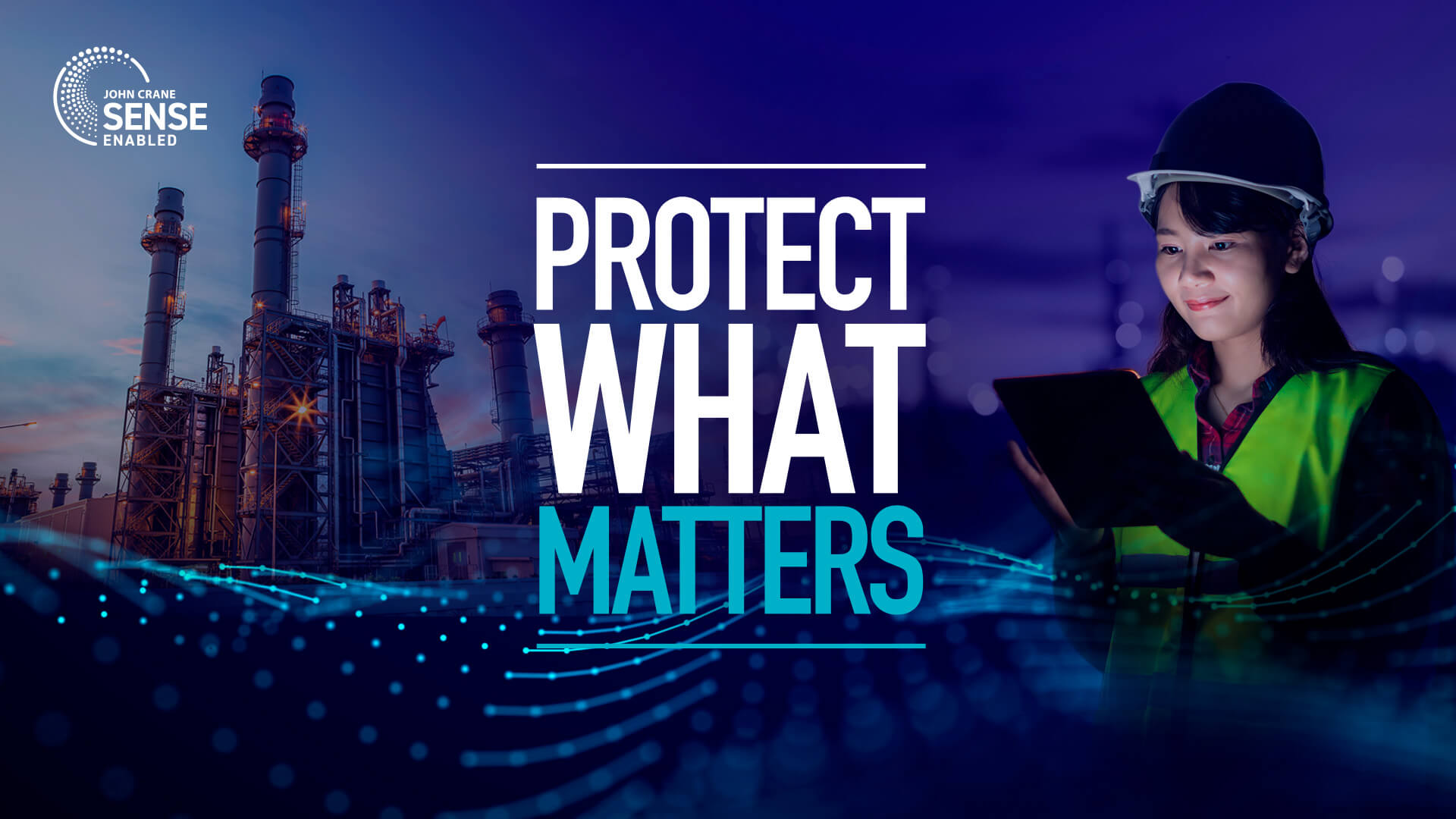 Person looking at screen with factory in background with Protect what matters text